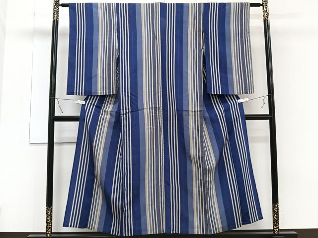 平和屋着物▽上質なお召　単衣　縞　正絹　逸品　CAAT6571xi