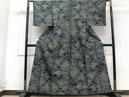 平和屋着物▽上質な紬 単衣 花唐草文 正絹 逸品 CAAT6575xi