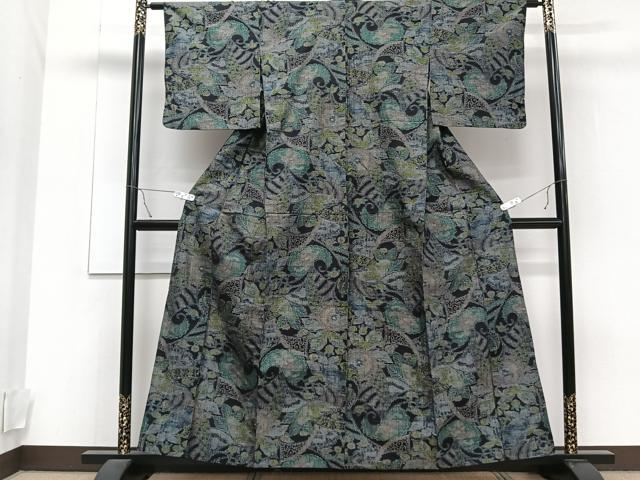 平和屋着物▽上質な紬 単衣 花唐草文 正絹 逸品 CAAT6575xi
