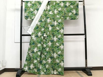 平和屋着物▽上質な紬 単衣 草花文 正絹 逸品 CAAT6577xi