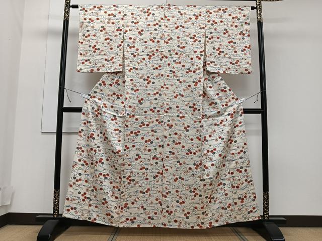 平和屋着物▽上質な小紋 単衣 型染め 流水草花文 正絹 逸品 CAAT6579xi