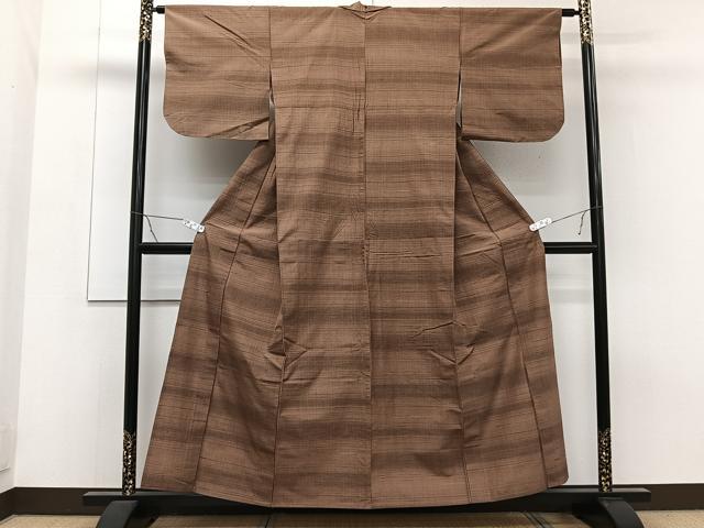 平和屋着物▽上質な紬 単衣 横段文 正絹 逸品 CAAT6593xi