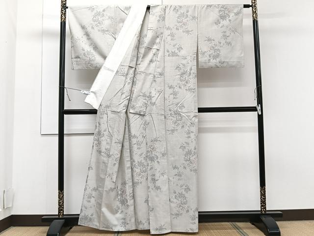 平和屋着物▽上質な紬 単衣 枝花文 正絹 逸品 CAAT6596xi