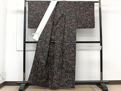 平和屋着物▽上質な紬 単衣 草花文 正絹 逸品 CAAT6598xi