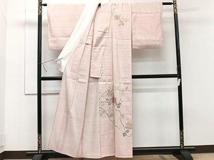 平和屋着物▽訪問着　単衣　紬地　枝花文　銀彩　正絹　逸品　CAAT6613xi