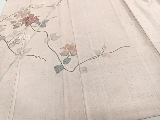 平和屋着物▽訪問着　単衣　紬地　枝花文　銀彩　正絹　逸品　CAAT6613xi