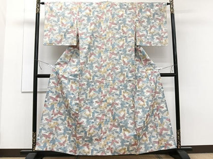 平和屋着物▽上質な紬　単衣　舞蝶文　正絹　逸品　CAAT6614xi