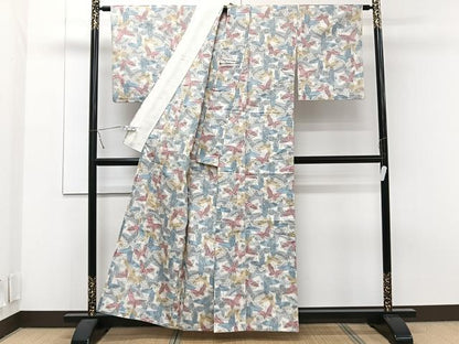 平和屋着物▽上質な紬　単衣　舞蝶文　正絹　逸品　CAAT6614xi