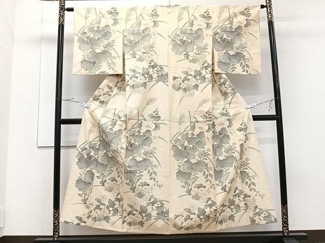 平和屋着物▽上質な小紋 単衣 紬地 手描き 草花文 金彩 正絹 逸品 未使用 CAAT6616xi