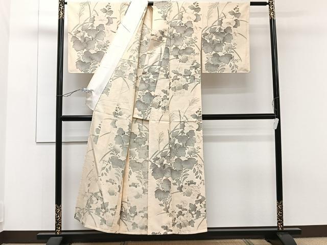 平和屋着物▽上質な小紋 単衣 紬地 手描き 草花文 金彩 正絹 逸品 未使用 CAAT6616xi