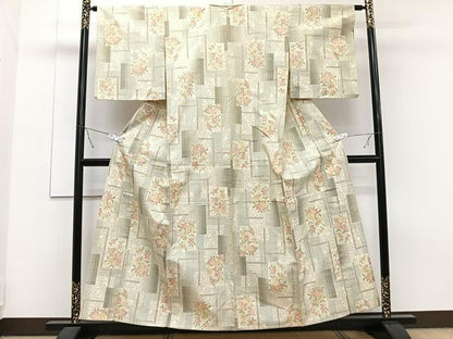 平和屋着物▽上質な紬　単衣　色紙草花文　正絹　逸品　CAAT6622xi
