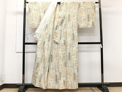 平和屋着物▽上質な紬　単衣　色紙草花文　正絹　逸品　CAAT6622xi