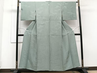 平和屋着物▽上質な色無地 単衣 雲取り菱地紋 千草色 正絹 逸品 CAAT6634xi