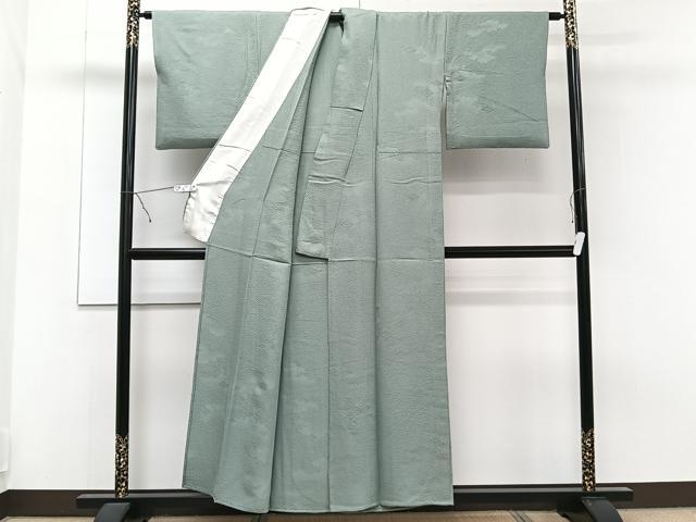 平和屋着物▽上質な色無地 単衣 雲取り菱地紋 千草色 正絹 逸品 CAAT6634xi