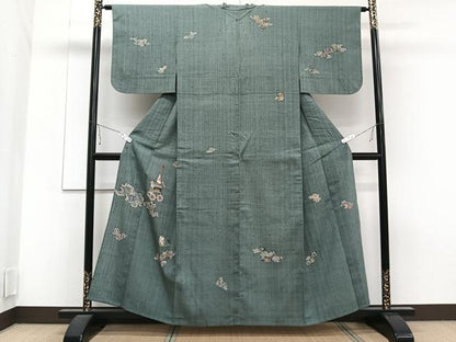 平和屋着物▽訪問着 単衣 紬地 型染め 花鳥吉祥文 鈴乃屋扱い 正絹 逸品 CAAT6636xi