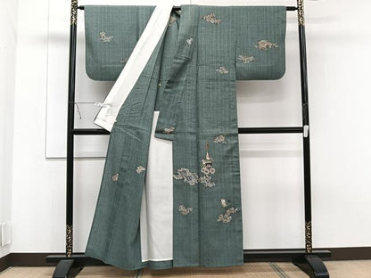平和屋着物▽訪問着 単衣 紬地 型染め 花鳥吉祥文 鈴乃屋扱い 正絹 逸品 CAAT6636xi