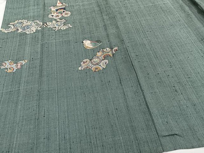 平和屋着物▽訪問着 単衣 紬地 型染め 花鳥吉祥文 鈴乃屋扱い 正絹 逸品 CAAT6636xi