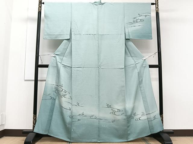 平和屋着物▽訪問着 単衣 紬地 手描き 流水草木文 正絹 逸品 CAAT6640xi