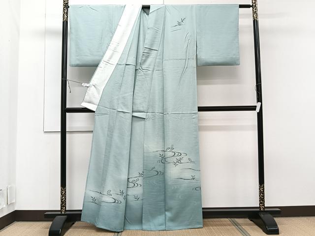 平和屋着物▽訪問着 単衣 紬地 手描き 流水草木文 正絹 逸品 CAAT6640xi