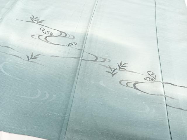 平和屋着物▽訪問着 単衣 紬地 手描き 流水草木文 正絹 逸品 CAAT6640xi