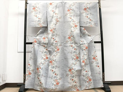 平和屋着物▽本真綿紬 小千谷紬 単衣 草花文 反端付き 正絹 逸品 未使用 CAAT6641xi