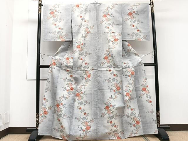平和屋着物▽本真綿紬 小千谷紬 単衣 草花文 反端付き 正絹 逸品 未使用 CAAT6641xi