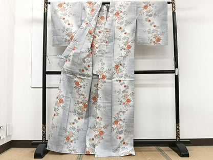 平和屋着物▽本真綿紬 小千谷紬 単衣 草花文 反端付き 正絹 逸品 未使用 CAAT6641xi