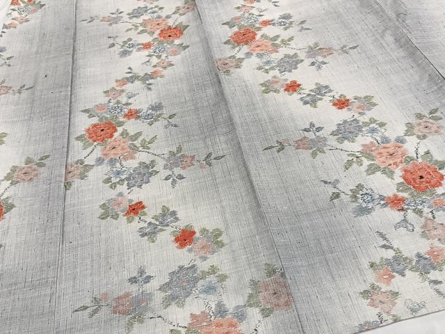 平和屋着物▽本真綿紬 小千谷紬 単衣 草花文 反端付き 正絹 逸品 未使用 CAAT6641xi