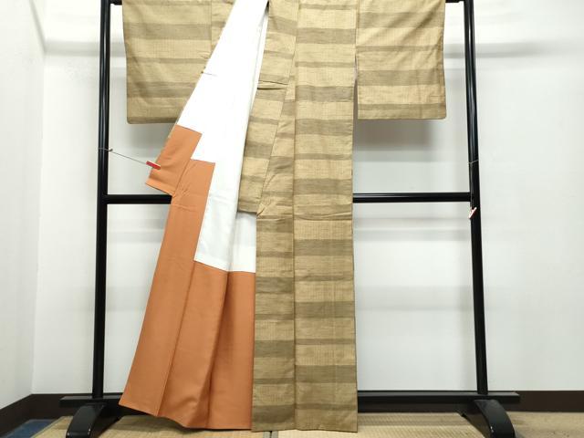 平和屋着物●上質な紬　横段文　正絹　逸品　CAAT6903vf