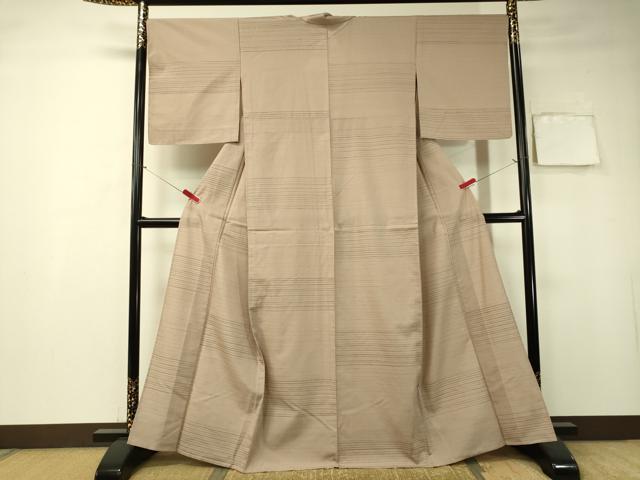平和屋着物▽上質な紬 単衣 横縞 正絹 逸品 未使用 CAAT7334vp