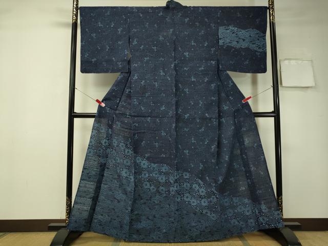 平和屋着物▽訪問着　単衣　生紬　本藍　型絵染　流水花唐草文　正絹　逸品　CAAT7385vp