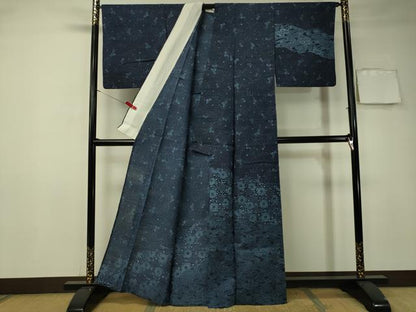 平和屋着物▽訪問着　単衣　生紬　本藍　型絵染　流水花唐草文　正絹　逸品　CAAT7385vp
