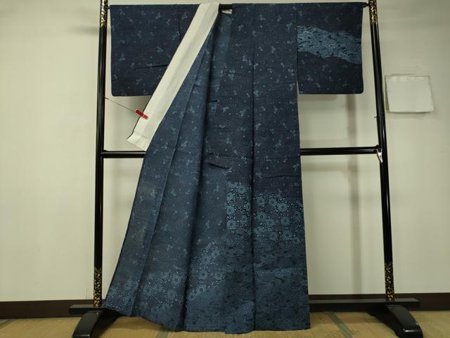 平和屋着物▽訪問着　単衣　生紬　本藍　型絵染　流水花唐草文　正絹　逸品　CAAT7385vp