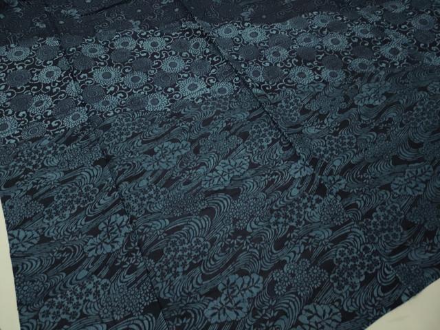平和屋着物▽訪問着　単衣　生紬　本藍　型絵染　流水花唐草文　正絹　逸品　CAAT7385vp