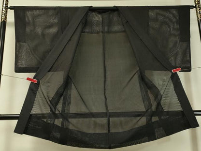 平和屋着物▽男性 長羽織 スリーシーズン 春夏秋 塵除け 縦絽 黒地 正絹 逸品 CAAT7416vp