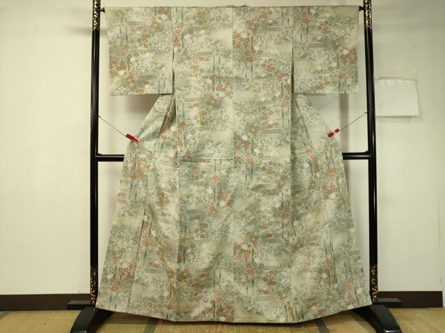 平和屋着物●小千谷紬　エ霞花文　正絹　逸品　CAAT7565vp