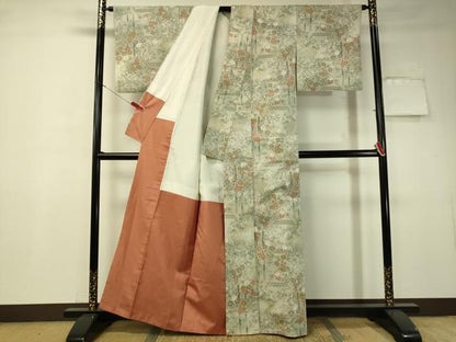 平和屋着物●小千谷紬　エ霞花文　正絹　逸品　CAAT7565vp