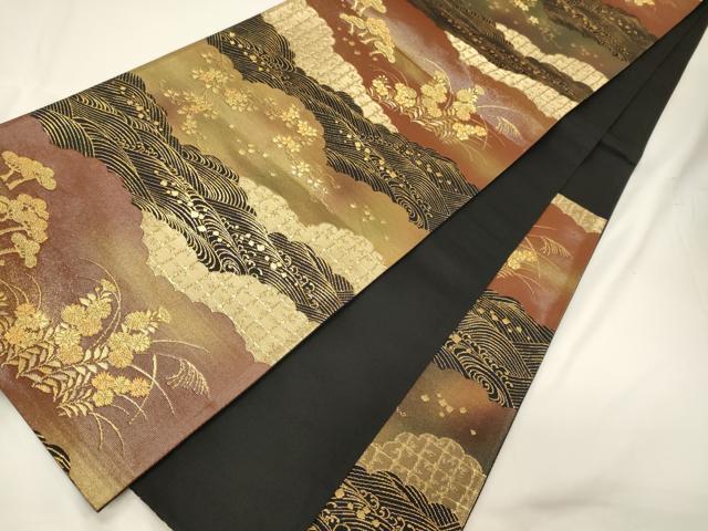 平和屋着物◎六通柄袋帯 雲取り花松文 黒地 金糸 引箔 正絹 逸品 CAAT7808oy