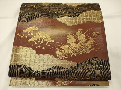 平和屋着物◎六通柄袋帯 雲取り花松文 黒地 金糸 引箔 正絹 逸品 CAAT7808oy