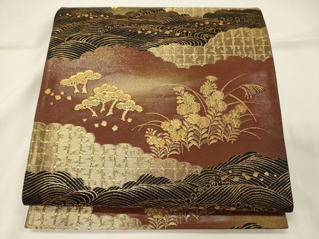 平和屋着物◎六通柄袋帯 雲取り花松文 黒地 金糸 引箔 正絹 逸品 CAAT7808oy