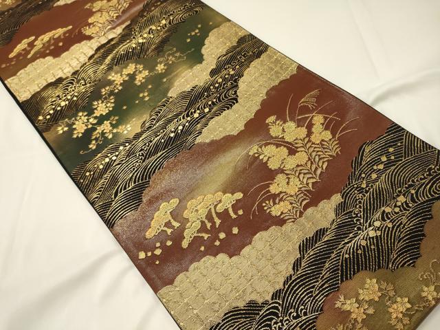 平和屋着物◎六通柄袋帯 雲取り花松文 黒地 金糸 引箔 正絹 逸品 CAAT7808oy