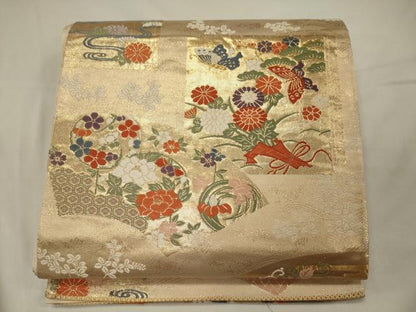 平和屋着物◎六通柄袋帯　唐織　花蝶丸文　金糸　正絹　逸品　CAAT7813oy