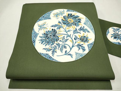 平和屋着物●塩瀬　九寸名古屋帯　型染め　花蝶丸文　金彩　正絹　逸品　CAAT8006hy