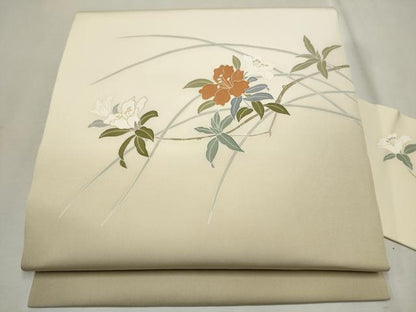 平和屋着物●塩瀬　九寸名古屋帯　枝花文　金彩　正絹　逸品　CAAT8014hy