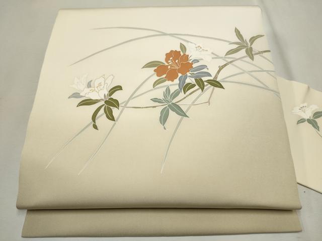 平和屋着物●塩瀬　九寸名古屋帯　枝花文　金彩　正絹　逸品　CAAT8014hy