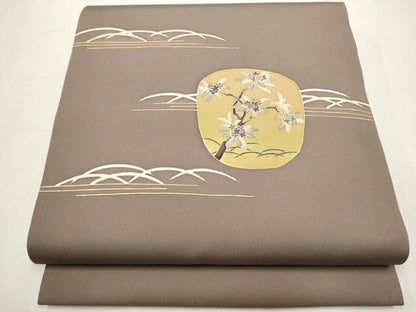 平和屋着物●塩瀬　九寸開き名古屋帯　芝草枝花文　金彩　正絹　逸品　CAAT8020hy