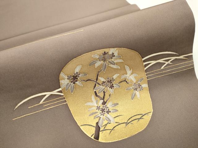 平和屋着物●塩瀬　九寸開き名古屋帯　芝草枝花文　金彩　正絹　逸品　CAAT8020hy
