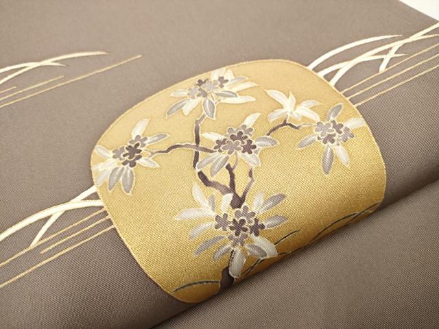 平和屋着物●塩瀬　九寸開き名古屋帯　芝草枝花文　金彩　正絹　逸品　CAAT8020hy