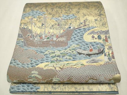 平和屋着物●東京友禅　熊谷好博子　太鼓柄袋帯　南蛮渡来絵図　金糸　引箔　正絹　逸品　CAAT8037hy