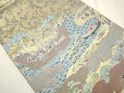 平和屋着物●東京友禅　熊谷好博子　太鼓柄袋帯　南蛮渡来絵図　金糸　引箔　正絹　逸品　CAAT8037hy